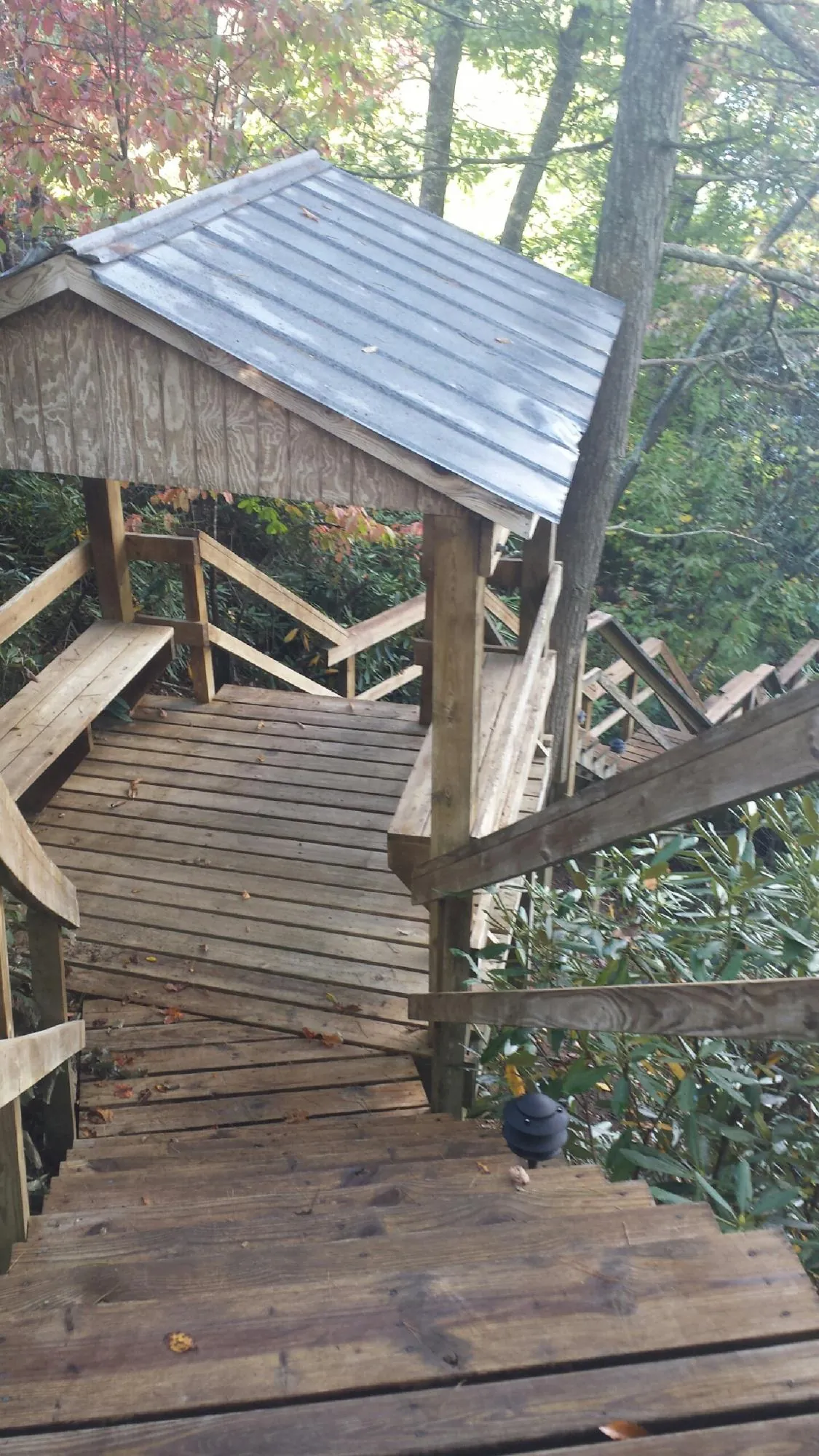 Metal roofed shelter over wooden steps on a wooded walkway — Skylight Repair & Installation work by our crew in Starbuck
